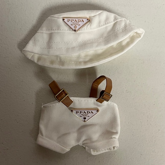 Designer Overalls Bucket Hat Bag 3 Piece Outfit For Labubu White - Picture 5 of 13